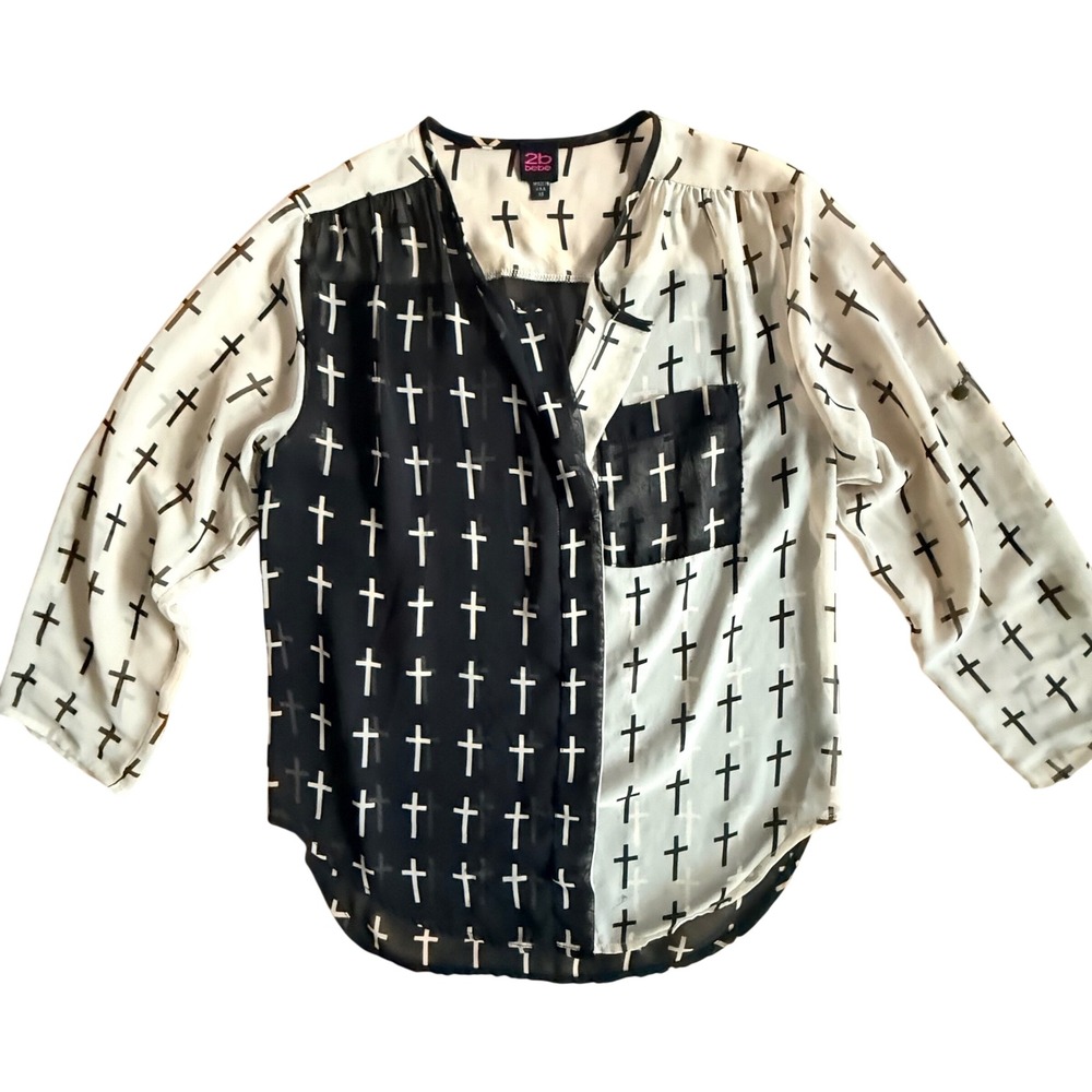 2b bebe Womens Cross Print Sheer Colorblock Roll Tab Blouse Black White XS